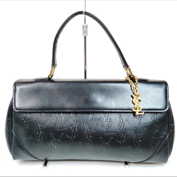 Auth Yves Saint Laurent Vtg YSL Black Embossed Leather Top Handle Handbag Charm - Picture 1 of 10